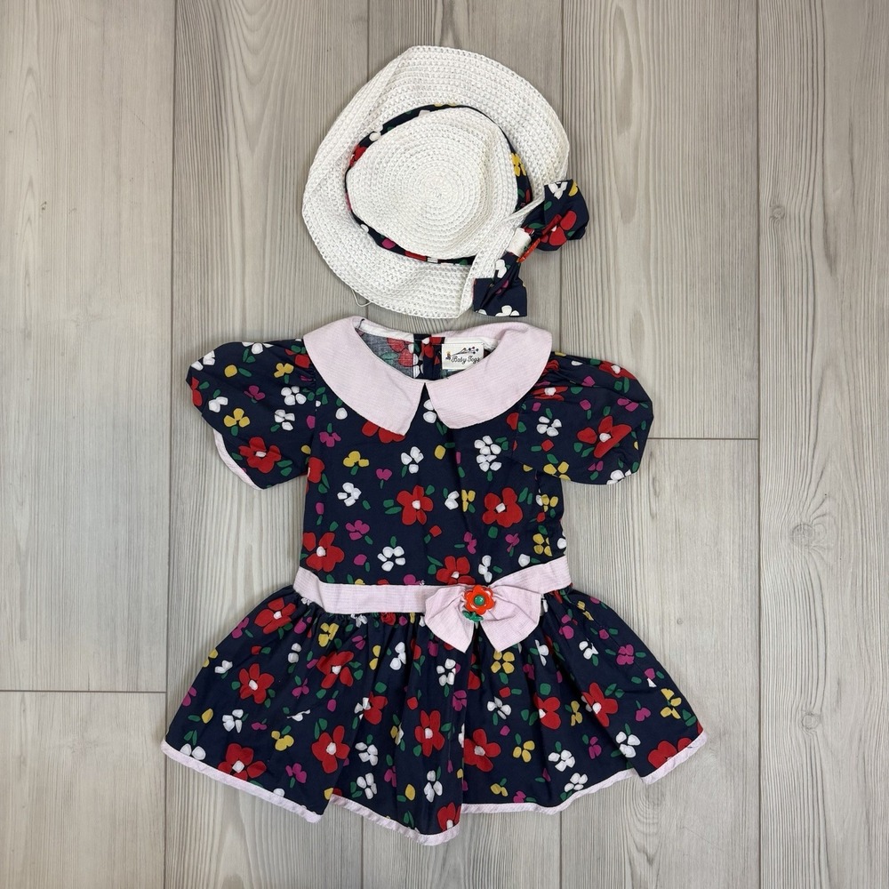Vintage‎ Baby Girl Baby Togs 3T Navy Floral Dress With Hat READ